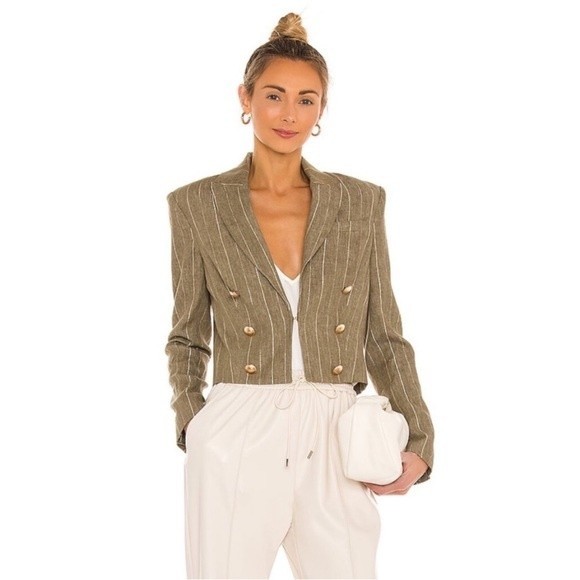 NWT L'AGENCE Inez Crop Blazer in Olive & Gold Metallic Pinstripe Size 2 - Picture 1 of 14